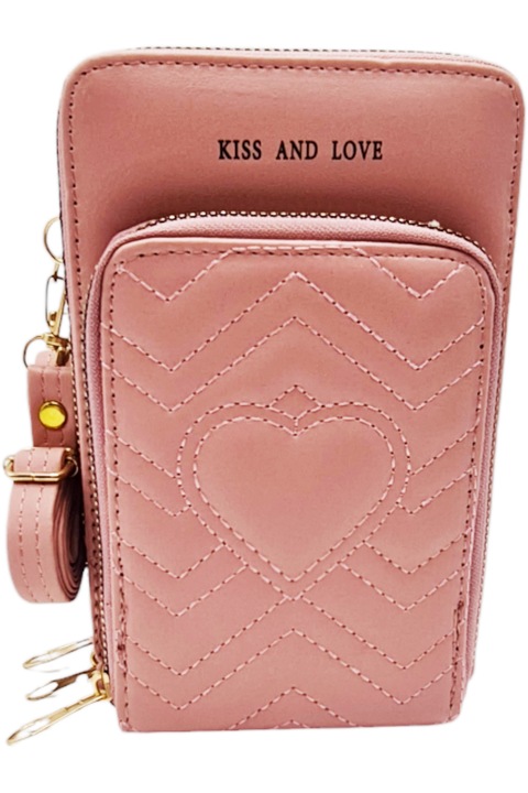 Geanta de dama pentru telefon din piele ecologica, model pentru umar, compartimente multiple, cusatura in forme geometrice, dimensiune 18x11.5x6 cm, StarFashion, roz