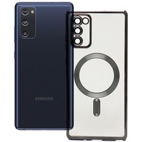 Husa tip MagSafe pentru Samsung Galaxy S20 FE, Glamour MagCase, Protectie lentile camere, Rama electroplacata, Accente metalizate, Margini ridicate, Incarcare wireless, Magnetica, Negru