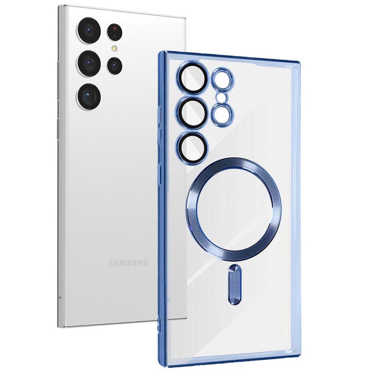 Husa tip MagSafe pentru Samsung Galaxy S22 Ultra, Glamour MagCase, Protectie lentile camere, Rama electroplacata, Accente metalizate, Margini ridicate, Incarcare wireless, Magnetica, Albastru