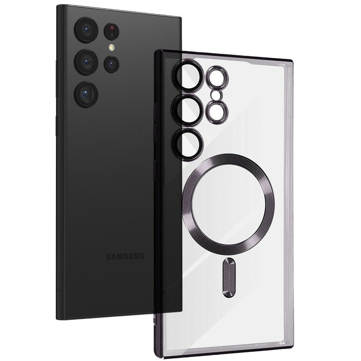Husa tip MagSafe pentru Samsung Galaxy S22 Ultra, Glamour MagCase, Protectie lentile camere, Rama electroplacata, Accente metalizate, Margini ridicate, Incarcare wireless, Magnetica, Negru