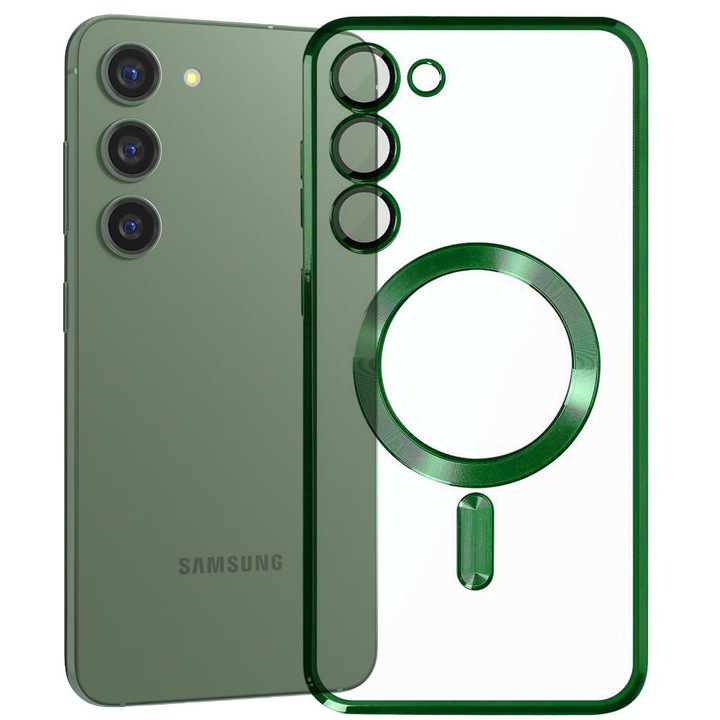 Husa tip MagSafe pentru Samsung Galaxy S23 Plus, Glamour MagCase, Protectie lentile camere, Rama electroplacata, Accente metalizate, Margini ridicate, Incarcare wireless, Magnetica, Verde