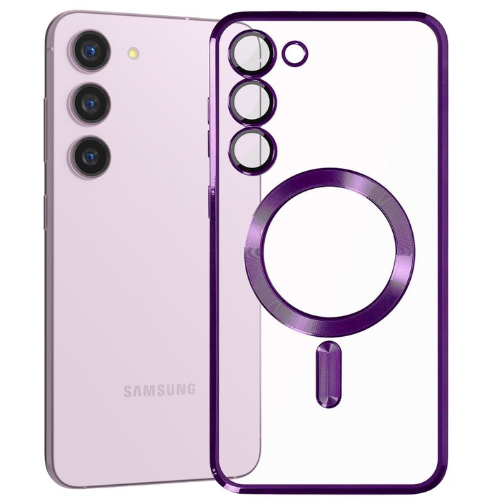 Husa tip MagSafe pentru Samsung Galaxy S23, Glamour MagCase, Protectie lentile camere, Rama electroplacata, Accente metalizate, Margini ridicate, Incarcare wireless, Magnetica, Mov