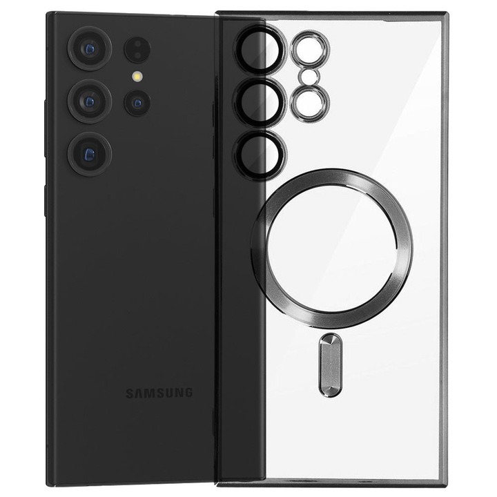Husa tip MagSafe pentru Samsung Galaxy S23 Ultra, Glamour MagCase, Protectie lentile camere, Rama electroplacata, Accente metalizate, Margini ridicate, Incarcare wireless, Magnetica, Argintiu