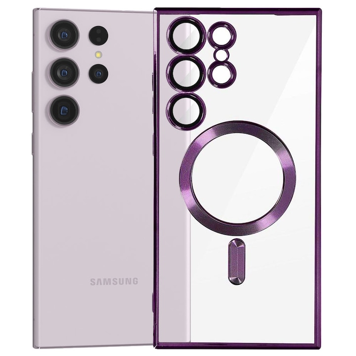 Husa tip MagSafe pentru Samsung Galaxy S23 Ultra, Glamour MagCase, Protectie lentile camere, Rama electroplacata, Accente metalizate, Margini ridicate, Incarcare wireless, Magnetica, Mov