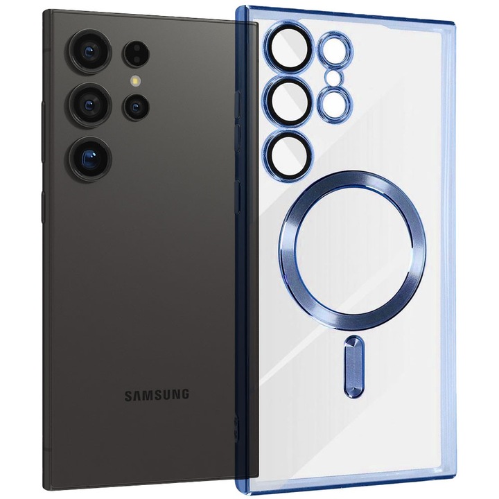 Husa tip MagSafe pentru Samsung Galaxy S24 Ultra, Glamour MagCase, Protectie lentile camere, Rama electroplacata, Accente metalizate, Margini ridicate, Incarcare wireless, Magnetica, Albastru