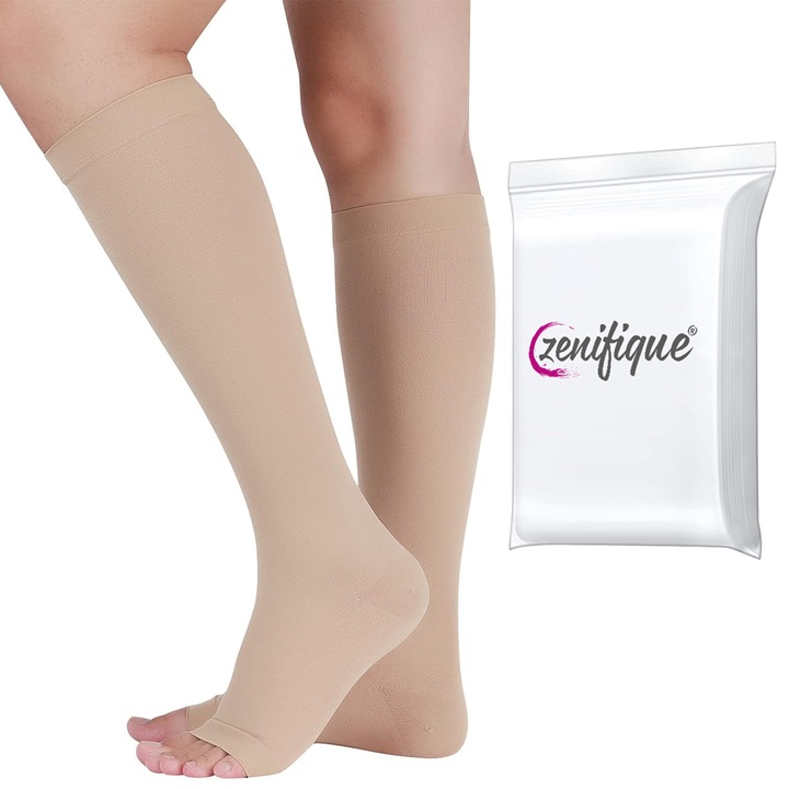 Set 2 Sosete compresive zenifique cu grad de compresie ridicat 23-32 mmHg, Ciorapi compresie, Imbunatatirea circulatiei si Prevenirea varicelor, Bej, Marime XXL