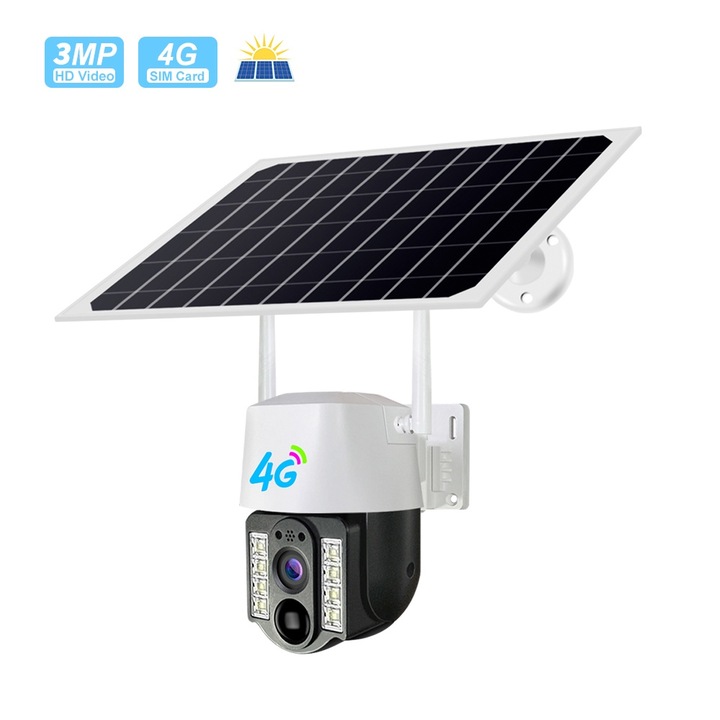 Camera de Supraveghere Solara pentru Exterior, OPTIM SOLUTION, Alarma integrata pe Baza de Push, Radar de Detectie, Card SD, Stocare in Cloud, ED IR, SIM, 1080p, IP66, Control prin Aplicatie V380 Pro, Alb