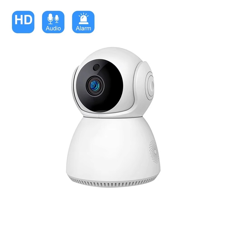 Camera de Supraveghere Wi-Fi pentru Interior, OPTIM SOLUTION, Night Vision, Audio Bidirectional, Urmarire Automata a Miscarii, 3MP, Card TF, Control prin Aplicatie V380 Pro, Alb