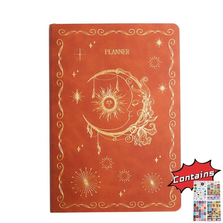 Agenda saptamanala auto-completabila, coperta PU aurita, model misterios, 100 pagini, portocalie, A5, 20.5x14cm