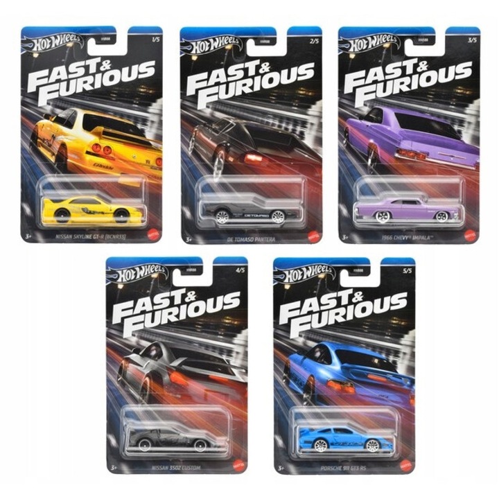 Комплект от 5 колички Hot Wheels, колекция Бързи и яростни HRW51-55, Edition 2024, Niisan Chevy Porsche De Tomaso, 1:64, метал, многоцветен
