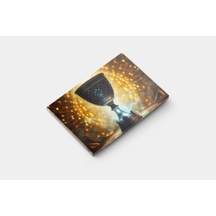 Картина на платно - Златна чаша със светещи звезди и светлина зад нея - 60x40 см