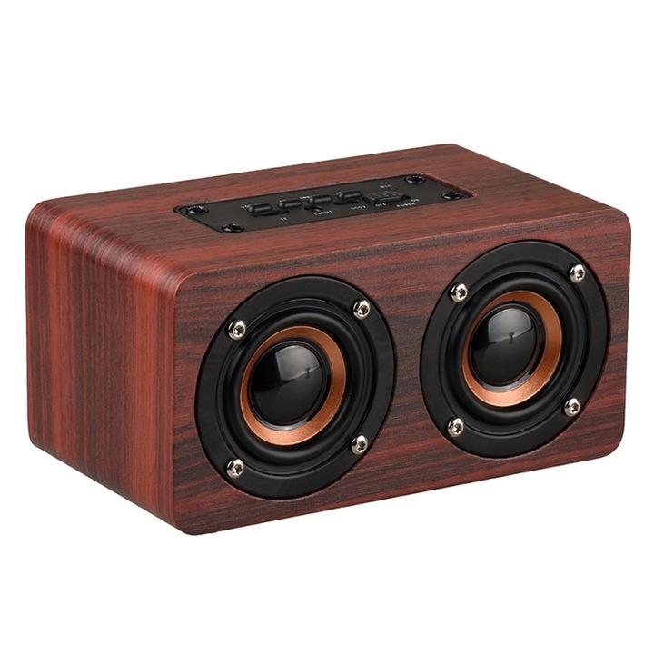 Boxa portabila Bluetooth, W5 HiFi Bass de lemn, sunet puternic, maro inchis
