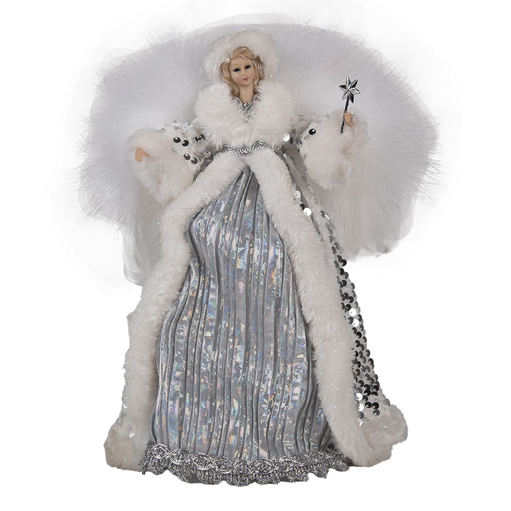 Fehér ezüst, textil angyal figura, 20x15x28 cm