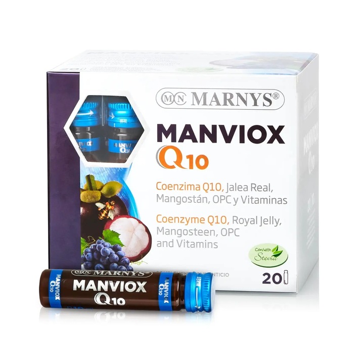 Manviox Q10 Coenzima Q10 + Mangostan + Laptisor De Matca + Seminte De Struguri + 10 Vitamine Antioxidant, Anti Aging, Energizant 20 Fiole