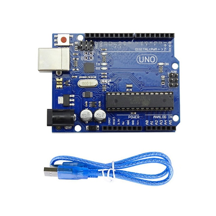 Placa Arduino UNO R3, compatibil, microcontroler ATMEL ATmega328P-PU, programabil in Arduino IDE, 54 intrari/iesiri digitale, 16 intrari analogice, distanta dintre pini 2.54mm, cu cablu USB A-B