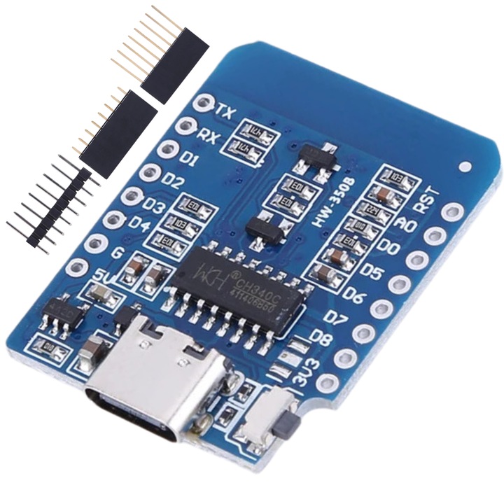 Placa, WeMOS, D1 Mini USB-C ESP8266 NodeMCU ESP-12F CH340, compatibil cu Arduino, WiFi, regulator de tensiune, 34 x 25 mm