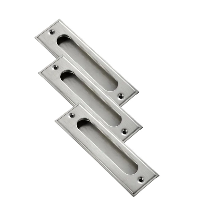 Manere pentru usi, Set 3 bucati, model incastrat, pentru dulapuri glisante si sertare, 10.8 cm, montare cu suruburi incluse, Argintiu