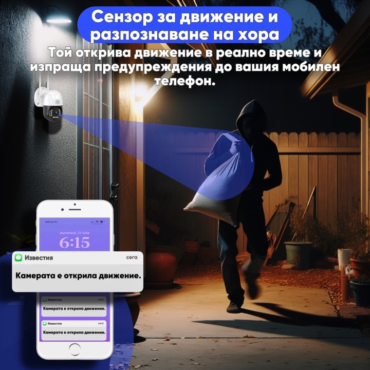 Смарт безжична камера за наблюдение, HexaEye, Full HD 1080P, Аудио-видео, Нощно виждане, включена micro SD карта, Ротация, Детекция на движение, Двупосочно аудио, Вътрешно/Външно, Карта/Съхранение в облак, PTZ