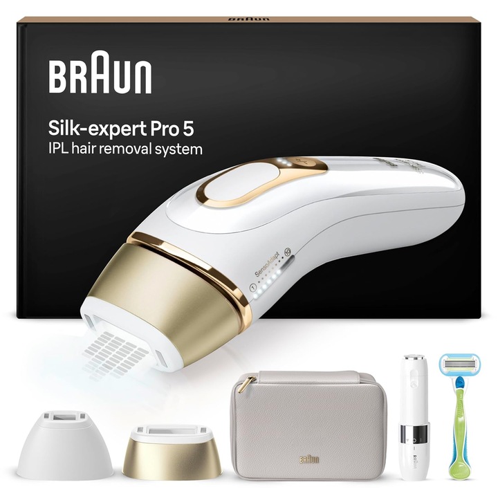 Epilator IPL Braun Silk-expert Pro 5 PL5156, 400.000 impulsuri, 3 intensitati Alb/Auriu