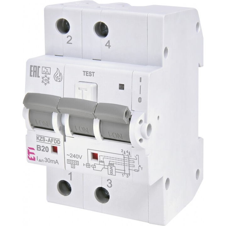 Dispozitiv de detectare a defectelor de arc electric AFDD+RCBO, 2P, 20A, 30mA, 10kA, curba B, tip A, KZS-AFDD, 002173815, ETI