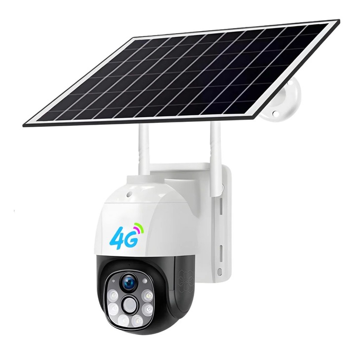 Camera de supraveghere, HexaEye, Interior/Exterior, cu acumulatori 12.000 mAh, panou solar inclus, Slot SIM, Conexiune 4G, 3MP, intelligent tracking PTZ, Micro SD, Rotire automata, Alarma miscare IP66, vedere nocturna, Alb