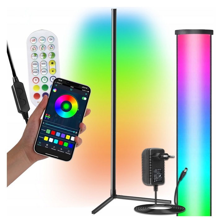 Lampa de podea LED, Stand, Coltar, RGB, Telecomanda, Aplicatie, 24W, Lungime cablu 100cm, Dimensiuni 140x40x40 cm, Constructie stabila, 16 milioane de culori din care sa alegi, Lumina puternica