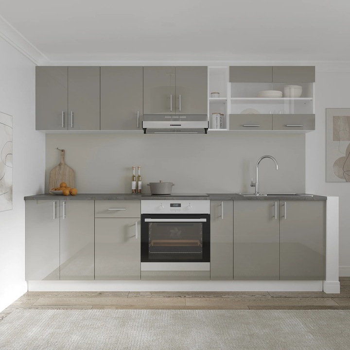Set Bucatarie haaus Karo V19, Gri Lucios/Alb, MDF, Blat Thermo 28 mm, L 260 cm