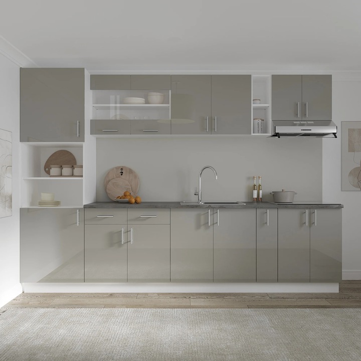 Set Bucatarie haaus Karo V26, Gri Lucios/Alb, MDF, Blat Thermo 28 mm, L 300 cm