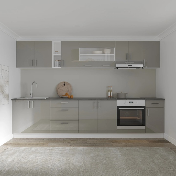Set Bucatarie haaus Karo V28, Gri Lucios/Alb, MDF, Blat Thermo 28 mm, L 320 cm