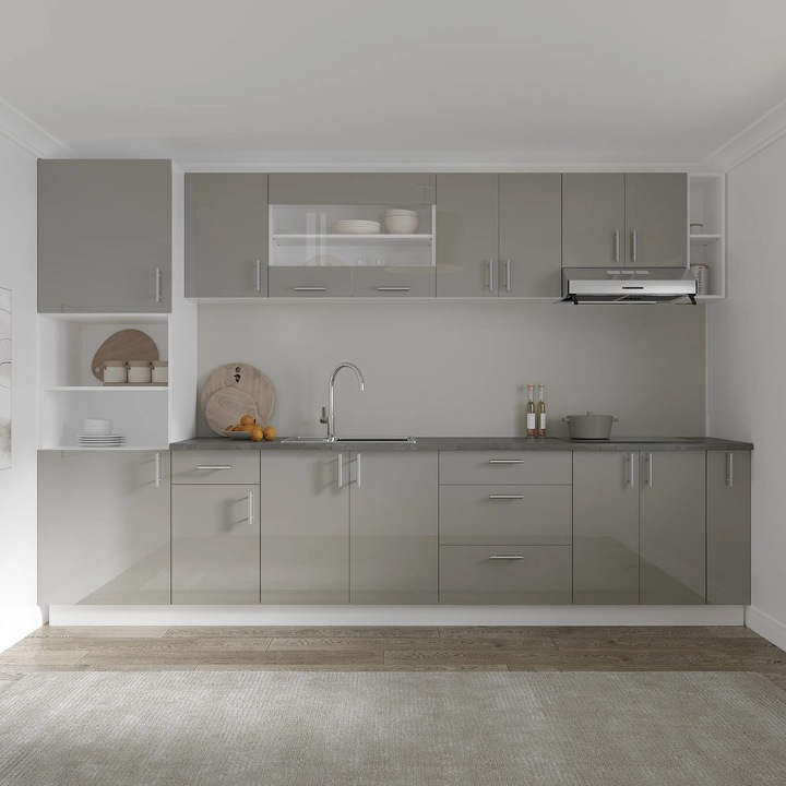 Set Bucatarie haaus Karo V29, Gri Lucios/Alb, MDF, Blat Thermo 28 mm, L 320 cm