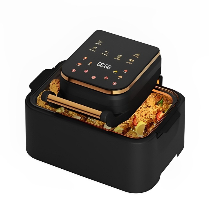 Professzionális forrólevegős olajsütő 3 az 1-ben digitális olaj nélkül Medeyatech™ Airfryer, 1700 W, űrtartalom 12l, Érintővezérlés, Időzítő, LED kijelző, 11 előre beállított program, Túlmelegedés elleni védelem, Fekete-arany