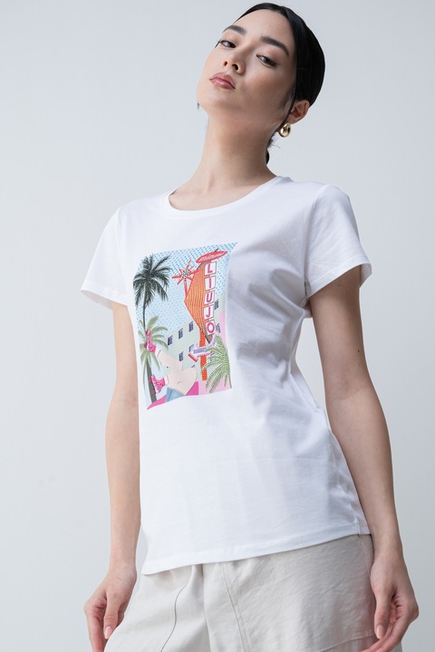 Liu Jo, Tricou din bumbac cu design grafic, Alb/Albastru deschis