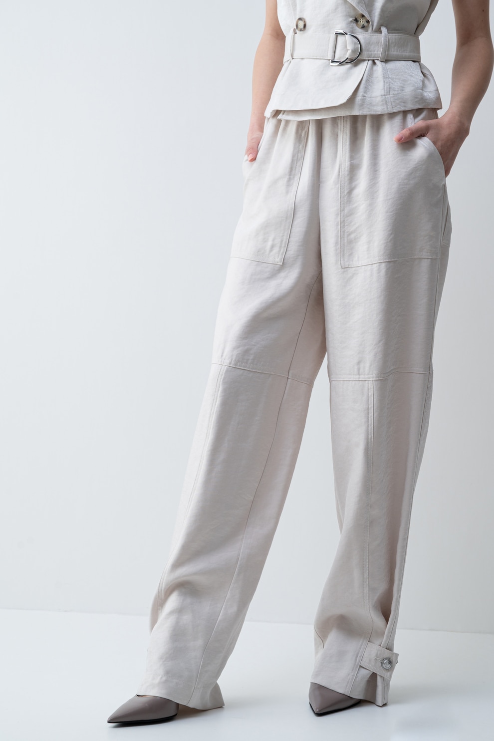 Liu Jo, Pantaloni drepti cu talie inalta, Bej deschis, 40