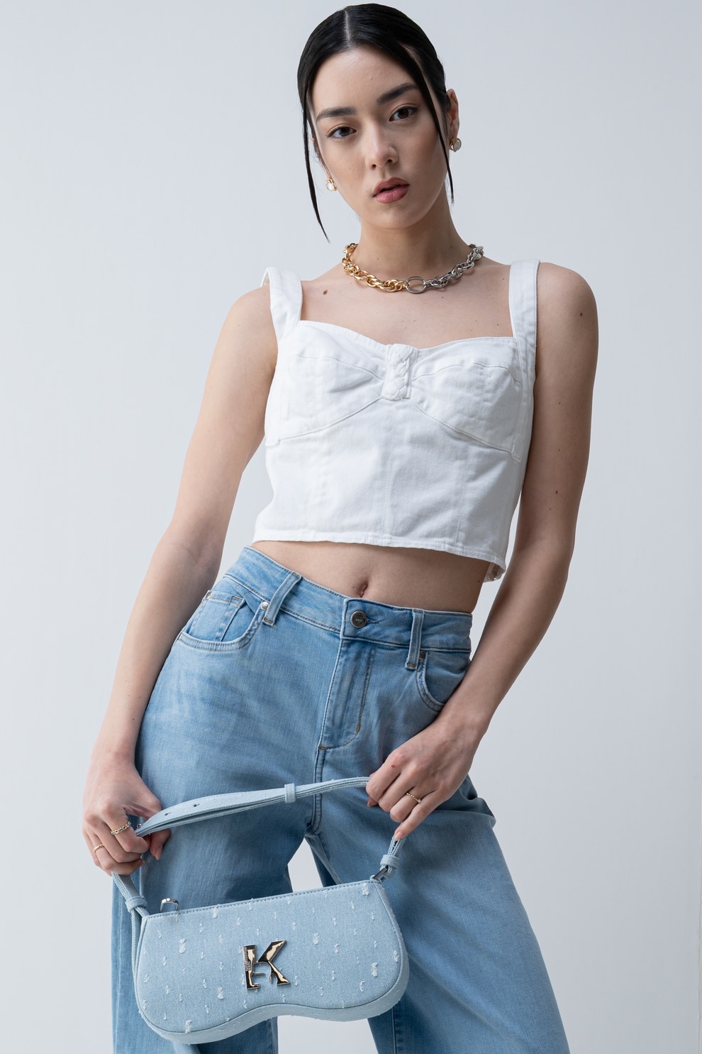 Liu Jo, Top din denim cu fermoar, Alb optic, 44 - eMAG.ro