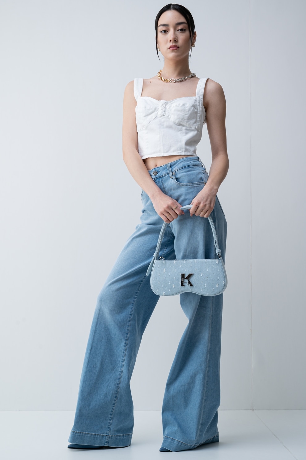 Liu Jo, Top din denim cu fermoar, Alb optic, 44 - eMAG.ro
