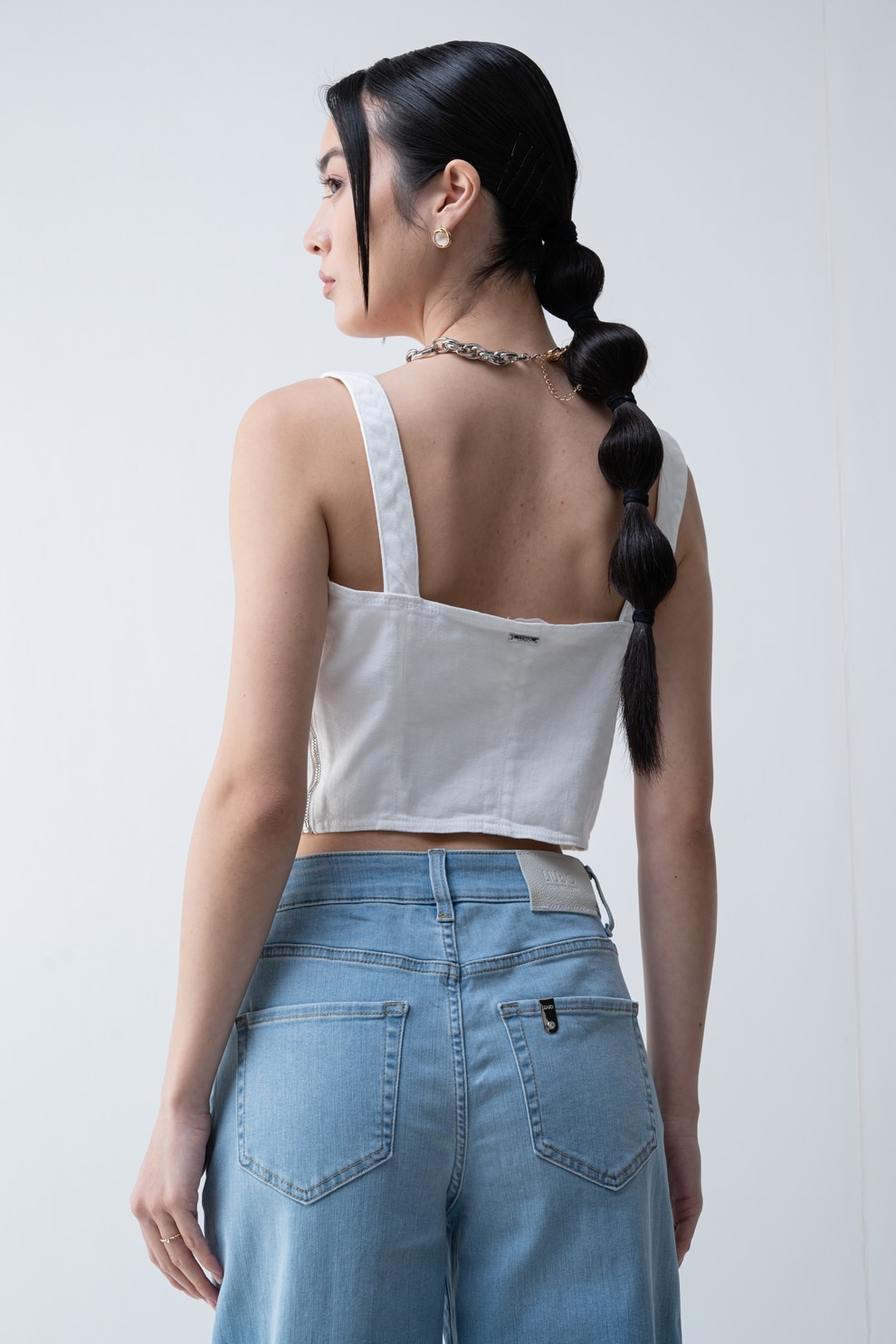 Liu Jo, Top din denim cu fermoar, Alb optic, 44 - eMAG.ro