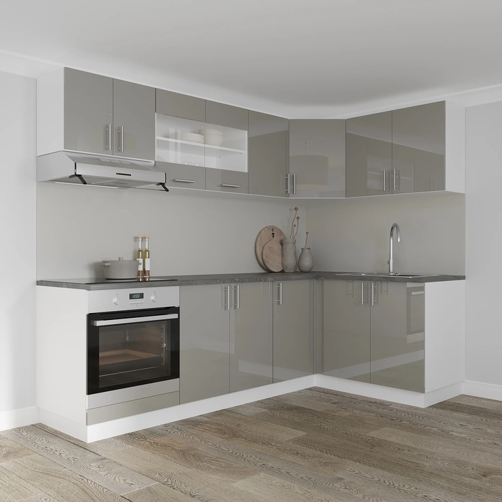 Set Bucatarie Colt haaus Karo V34, Gri Lucios/Alb, MDF, Blat Thermo 28 mm, L 240 x 140 cm