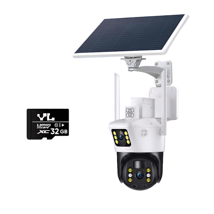 Камера за наблюдение HexaEye 2в1 с включен соларен панел 10W, 8MP, преносима, вградена 12000mah батерия, 10X цифрово увеличение, автоматично завъртане, Micro SD, SIM карта, 4G връзка, Наблюдава две зони едновременно