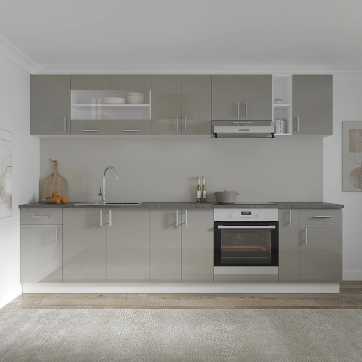 Set Bucatarie haaus Karo V25, Gri Lucios/Alb, MDF, Blat Thermo 28 mm, L 300 cm