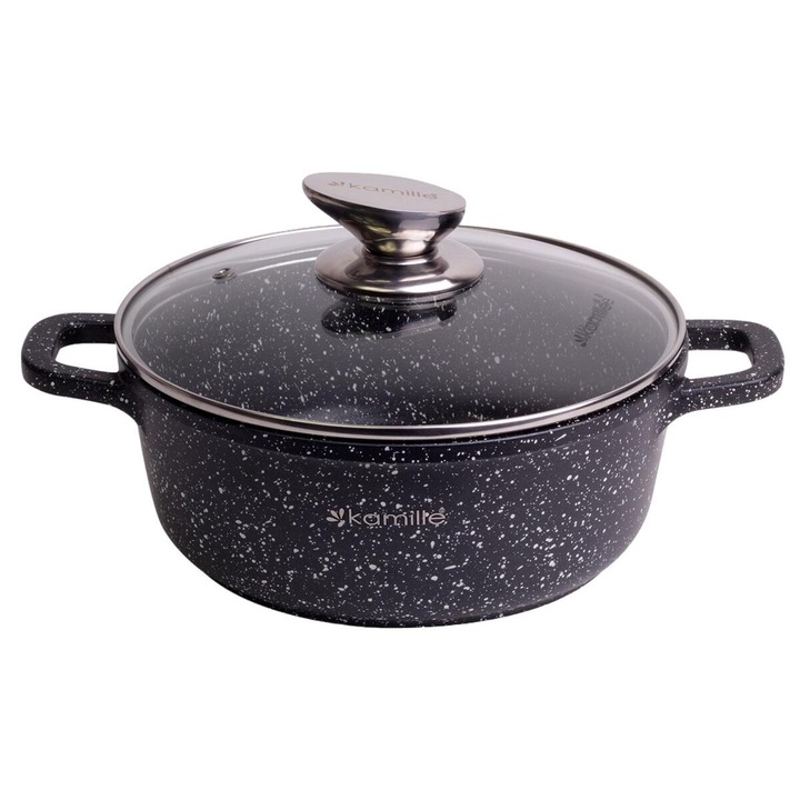 Тенджера със стъклен капак, Kamille, Алуминий / Гранит, 2.3 L, 20 см, Черен / Прозрачен