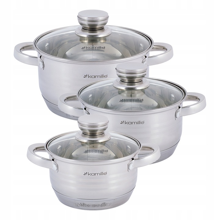 Set oale din inox Kamille, 6 piese, 1.5L, 2.0L, 3.0L, cu capac, 5-straturi, inductie