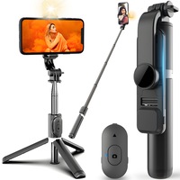 Selfie Stick Multifunctional RETOO cu Lumina LED cu 3 Moduri de Iluminare, Trepied Incorportat, Suport Rotativ 360° pentru Telefon si Telecomanda Bluetooth Detasabila, Telescopic 20-100cm, Compatibil iOS/Android, Negru