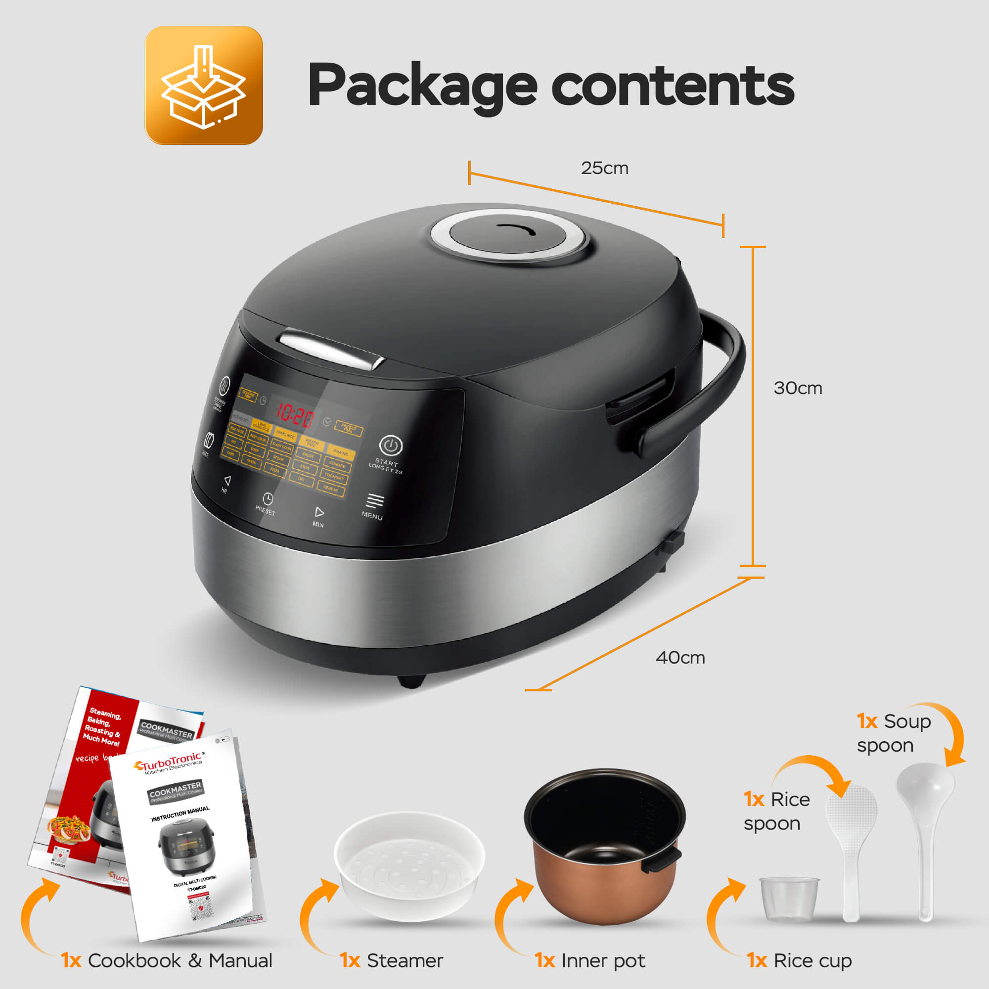 Multicooker TurboTronic TT-DMC22, 860W, 5L, 20 főzési program, LCD