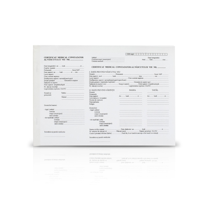 Cetificat medicat constatator al nascutului viu, A4, 100 file, hartie 70 g, coperta hartie, landscape