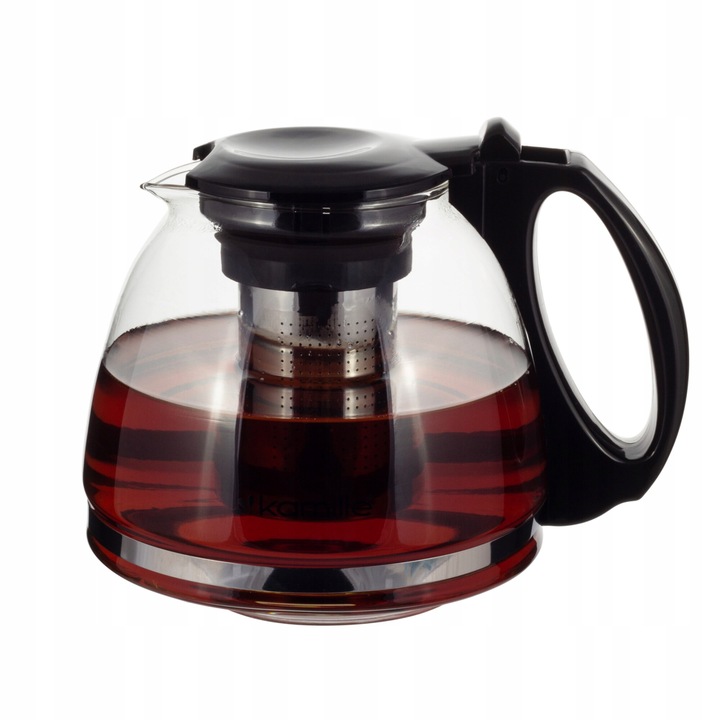 Чайник с инфузер, Kamille, Стъкло / Неръждаема стомана, 1300 ml, Топлоустойчив, 14,5 x 10 x 14 x 8 cm, Черен