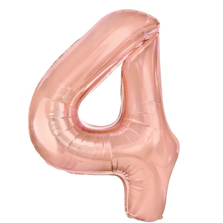Балон от фолио Leski, фигурка с цифра, тема рожден ден 100 см, индивидуална опаковка, включена сламка, надуване с въздух или хелий, корал, роза, цифра 4
