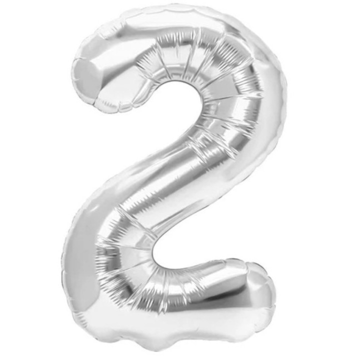 Балон от Метализирано Фолио, Лески, Фигурна Цифра, Тема Годишнина 100 см, Индивидуална Опаковка, Включена Сламка, Надуване с Въздух или Хелий, Сребърен, Цифра 2