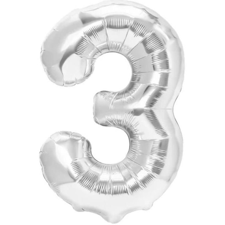 Балон от фолио, Лески, Фигурка Цифра, Тема Годишнина 100 см, Индивидуална Опаковка, Включена Сламка, Надуване с Въздух или Хелий, Сребърен, Цифра 3