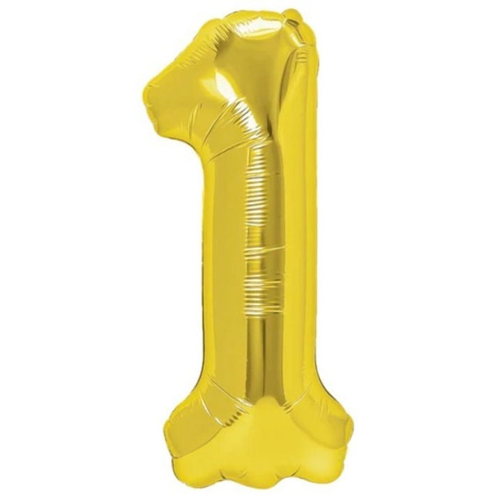 Балон от Метализирано Фолио Leski, Фигура Цифра, Тема Годишнина 100 см, Индивидуална Опаковка, Включена Сламка, Надуване с Въздух или Хелий, Златен, Цифра 1