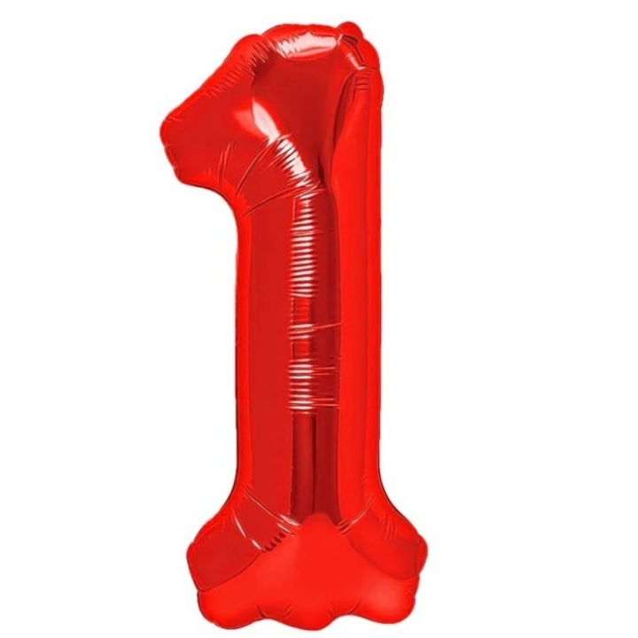 Fémfóliás lufi Danex, szám figura, évfordulós téma, 100 cm, egyedi csomagolás, szívószál mellékelve, levegővel vagy héliummal felfújható, piros, 1-es szám